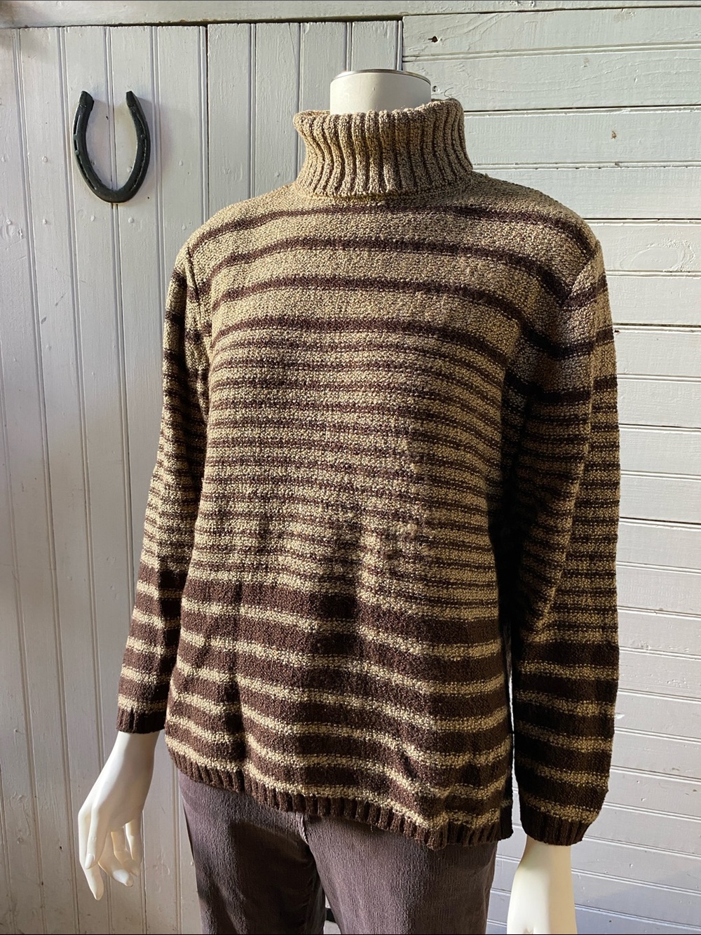 Carolyn Taylor Brown and Cream Striped Turtleneck Sweater